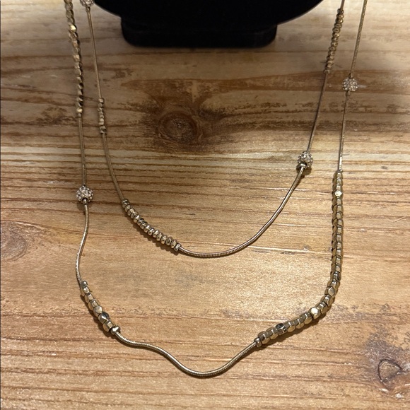 Chico’s Gold Tone Rhinestone Beaded Double Layered Long Statement Necklace - Picture 3 of 5